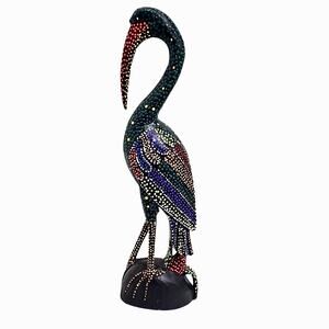 Elegant Tall Batik Heron Multicolor Handpainted Polka Dot Crane Sculpture 18" T